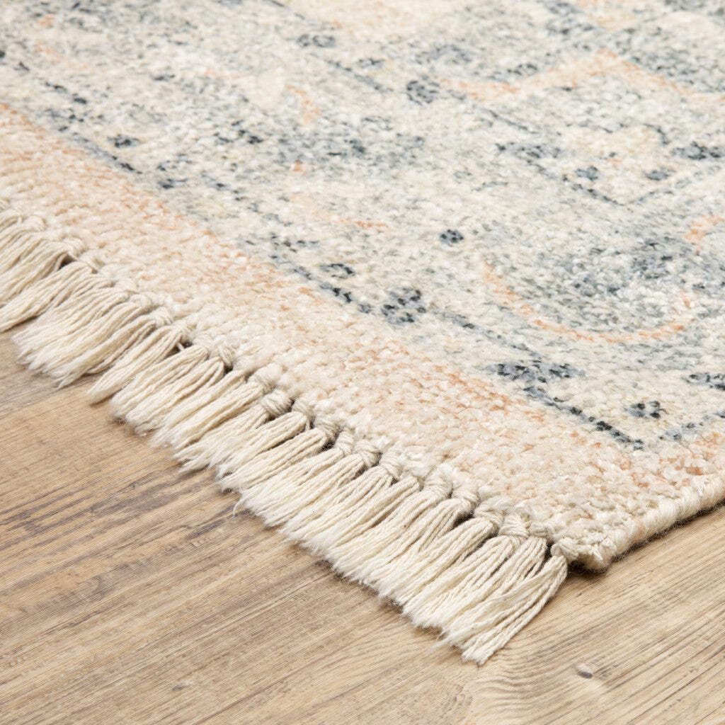 HomeRoots 509449 10 x 13 ft. Beige & Gray Oriental Hand Loomed Stain Resistant Rectangle Area Rug with Fringe
