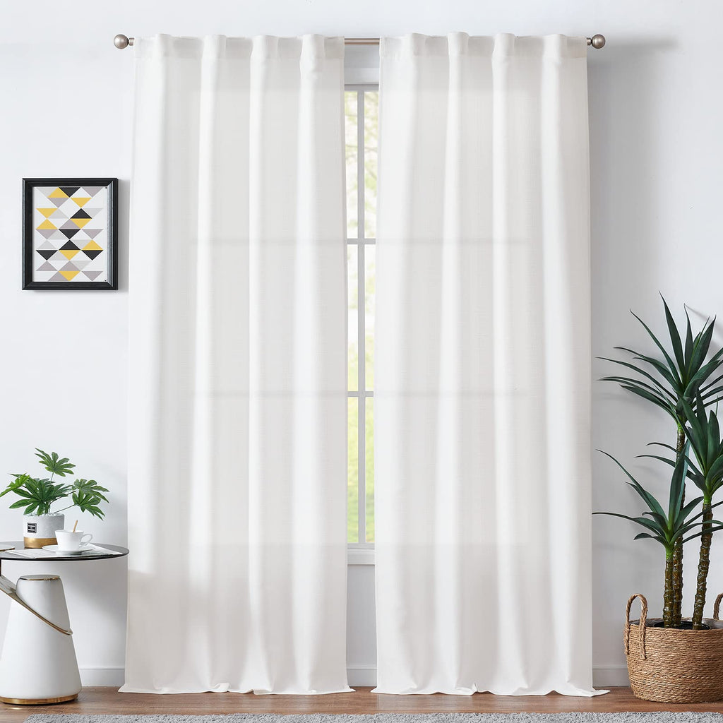 Jinchan White Curtains For Living Room Bedroom Linen Textured Curtains 90 Inches Long Farmhouse Country Curtains Casual Weave Ba