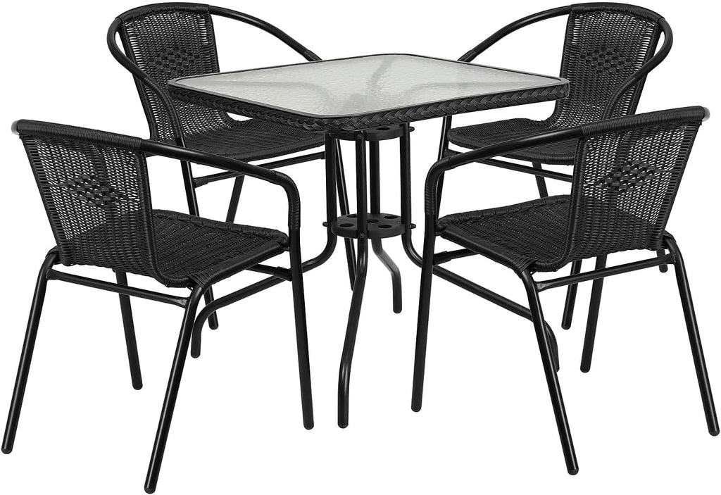 28 Square Glass Metal Table with Black Rattan Edging and 4 Black Rattan Stack Chairs