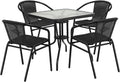 28 Square Glass Metal Table with Black Rattan Edging and 4 Black Rattan Stack Chairs