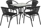 28 Square Glass Metal Table with Black Rattan Edging and 4 Black Rattan Stack Chairs