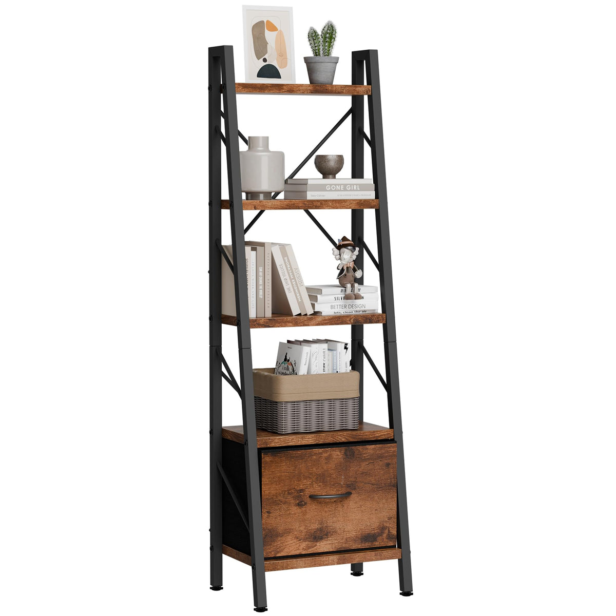 Shintenchi 5 Tier Ladder Bookshelf with Drawer, Tall Modern Corner Bookshelves, Narrow Book Shelf with Storage for CDs/Books/Mov