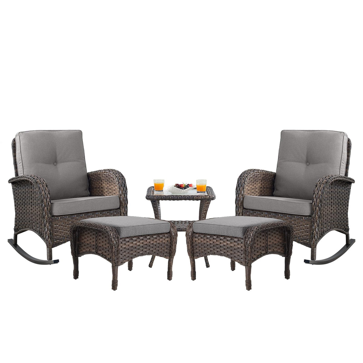 Belord Patio Rocking Chairs Furniture Set - 5 Piece Outdoor Wicker Furniture Sets With Ottomans, Small Patio Conversation Sets With Wicker Rocking Chairs Brown/Grey