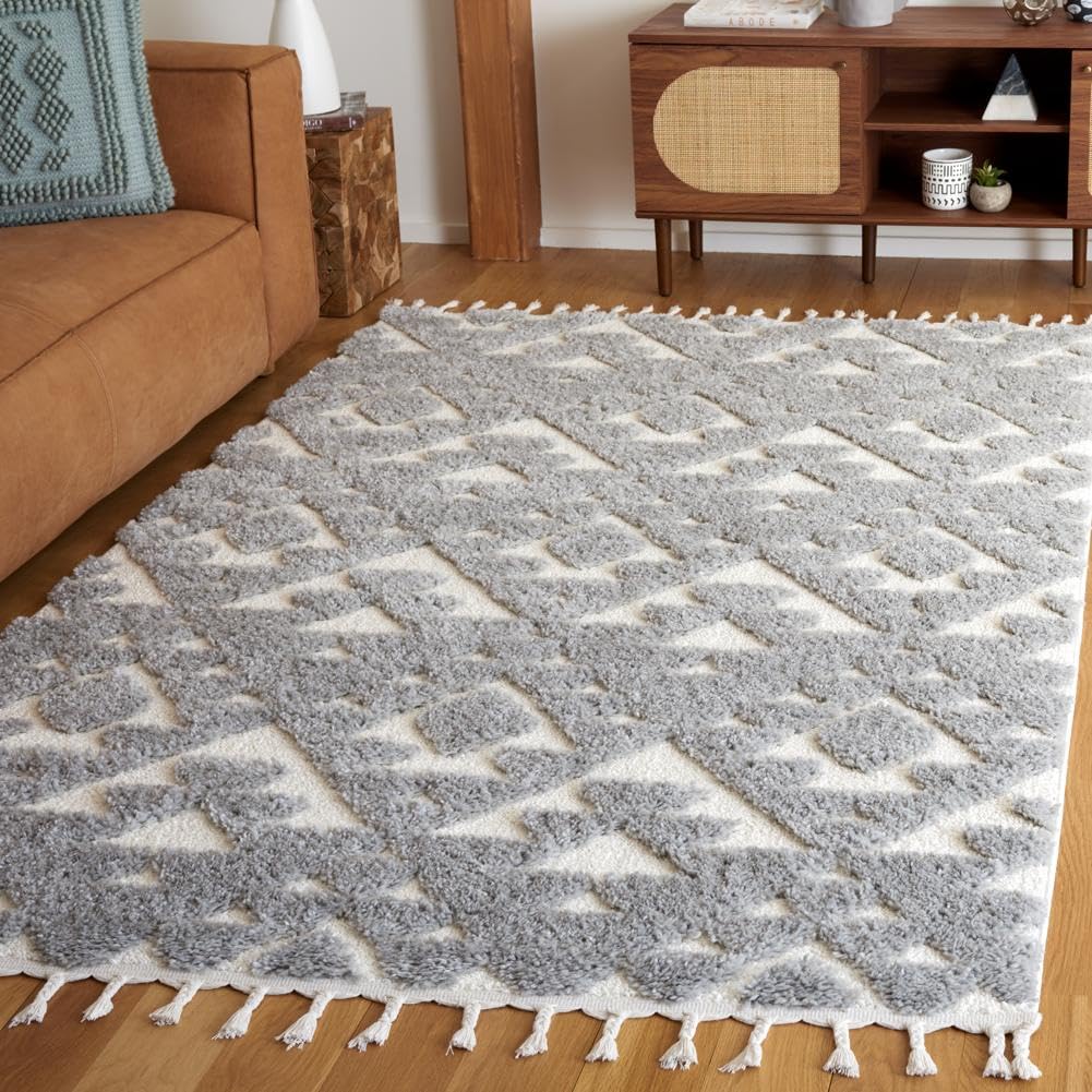 Safavieh Moroccan Tassel Shag Collection Area Rug - 67 x 92, Grey & Ivory, Contemporary Design, Ideal for High Traffic Areas i