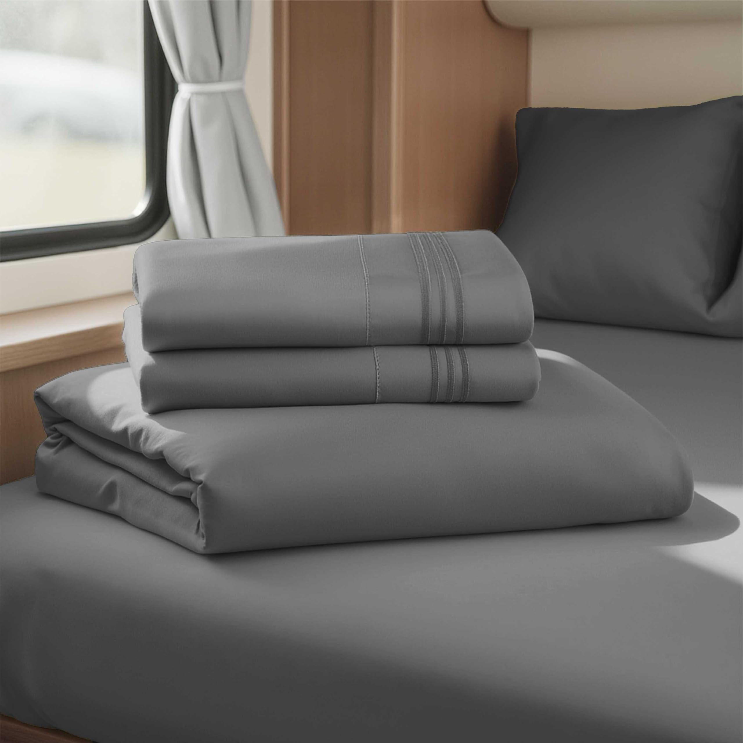 Hearth & Harbor Short Queen Sheets for RV, Dark Grey RV Queen Sheets, Silky Soft 1800 Microfiber Bed Sheet for Camper, 4 Piece R