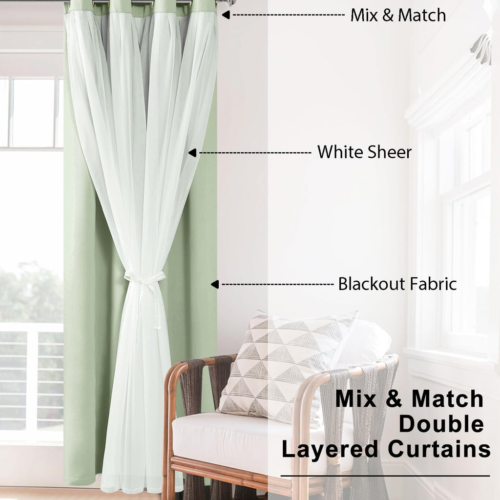 Hiasan Blackout Curtains With Sheer Overlay, Thermal Insulated Mix & Match Double Layer Room Darkening Curtains For Bedroom, Liv
