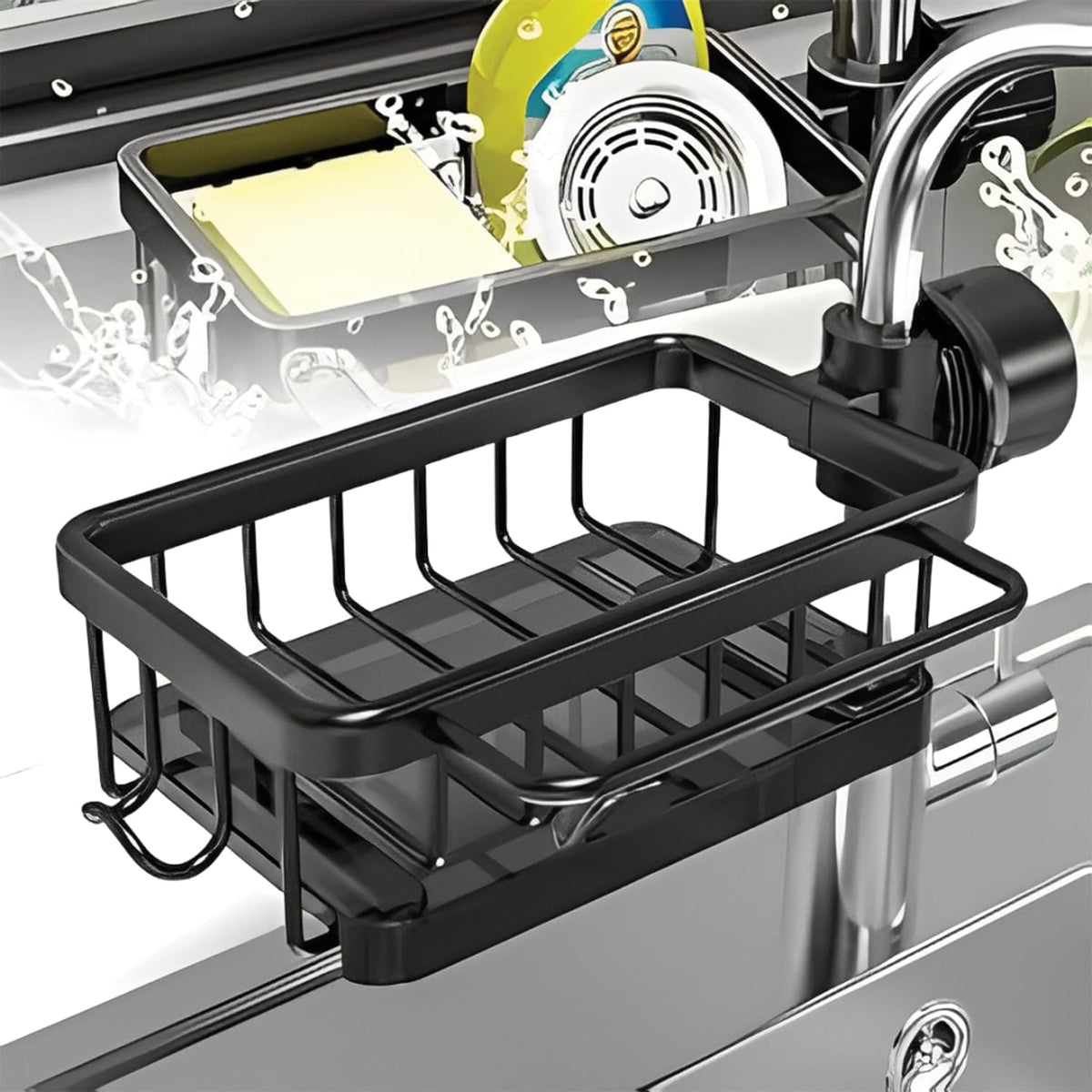UnIVerse Hub Kitchen Sink Faucet Organizer  Compact Design for Round Faucets (10.6  5.7 cm)  Black (Left)