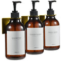 MaisoNovo Shampoo and Conditioner Dispenser with Wall Mounts | Set of 3 Amber Plastic Bottles Black Pump