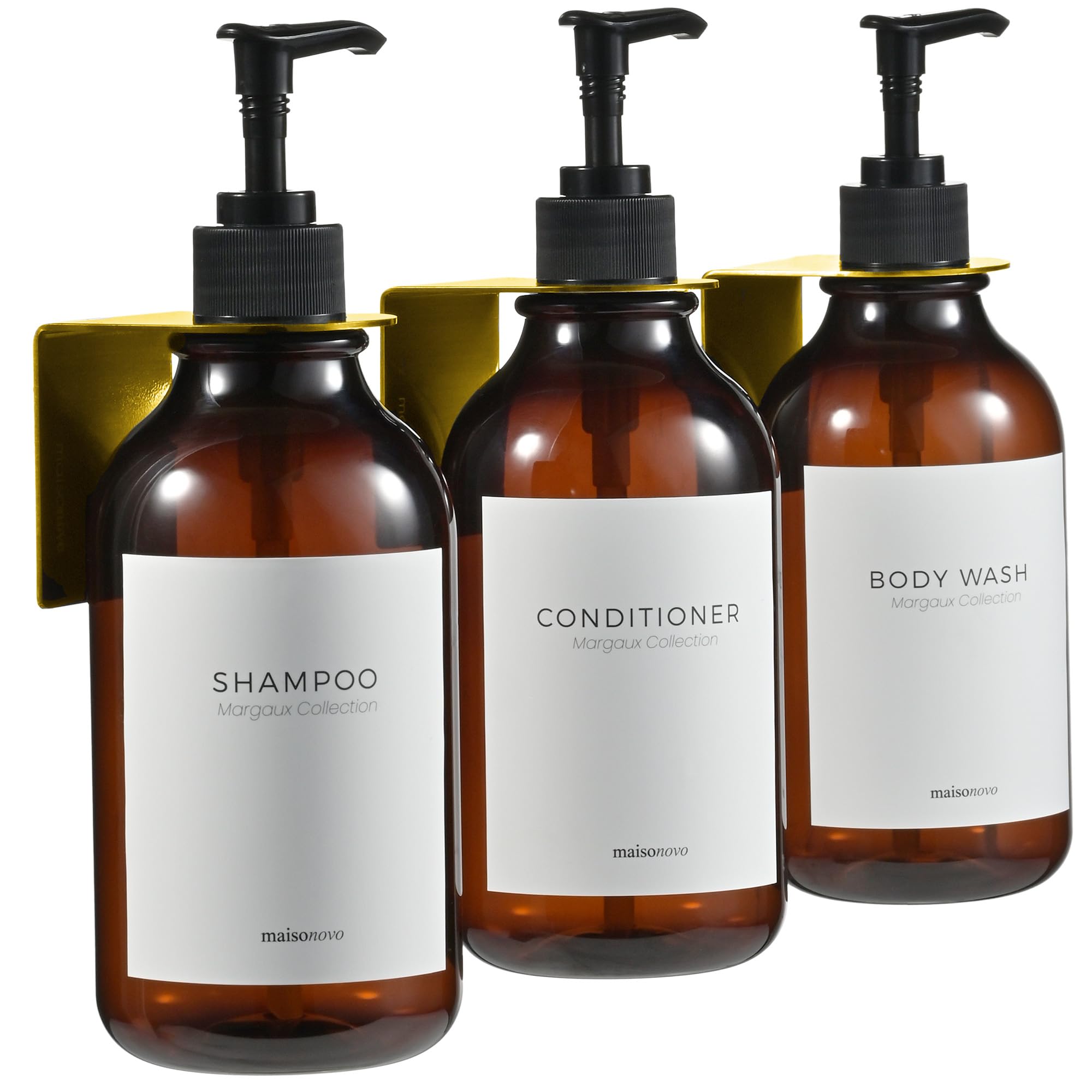 MaisoNovo Shampoo and Conditioner Dispenser with Wall Mounts | Set of 3 Amber Plastic Bottles Black Pump