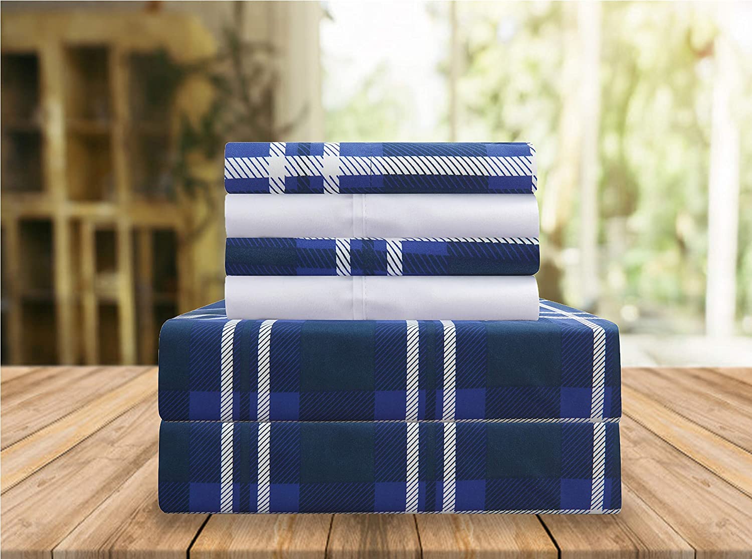 Elegant Comfort Lilliana Plaid 6-Piece Sheet Set, Supreme Coziness Fade & Wrinkle Resistant, 1500 Premium Hotel Quality Microfiber, Sheet Featuring Smart Pockets, Plaid Sheet Set, Queen, Navy Blue