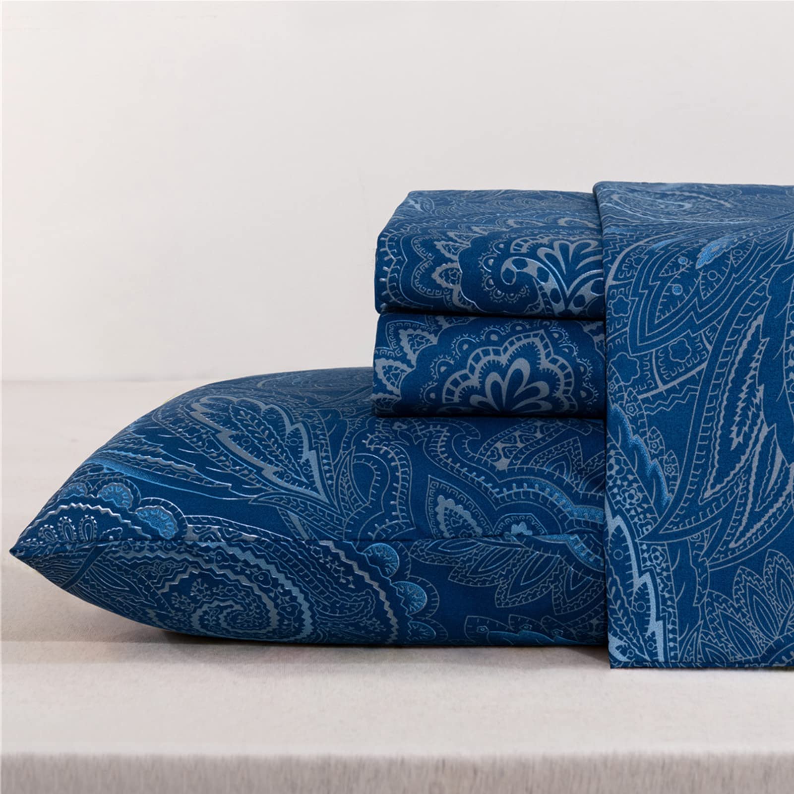 Meishang King Sheet Set Paisley Printed Sheets Ultra Soft 100% Microfiber - 16 Inch Deep Pocket Comfortable Blue Pattern Printed