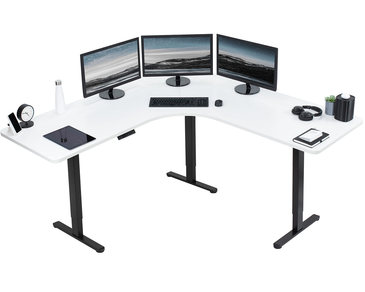 Vivo Electric Height Adjustable 71 X 71 Inch Curved Corner Stand Up Desk, White Table Top, Black Frame, Memory Controller, L-Shaped Workstation, E3C Series, Desk-Kit-E3Cbw
