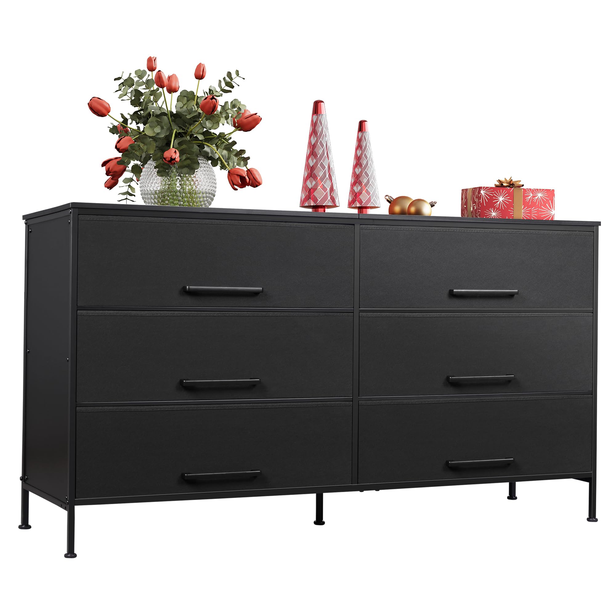 Wlive Wide Fabric Dresser, 6 Drawer Dresser Tv Stand For 68' Tv, Dressers Bedroom Furniture Large Storage Tower Unit With Fabric Bins, White Dresser For Bedroom, Closet, Hallway, Black