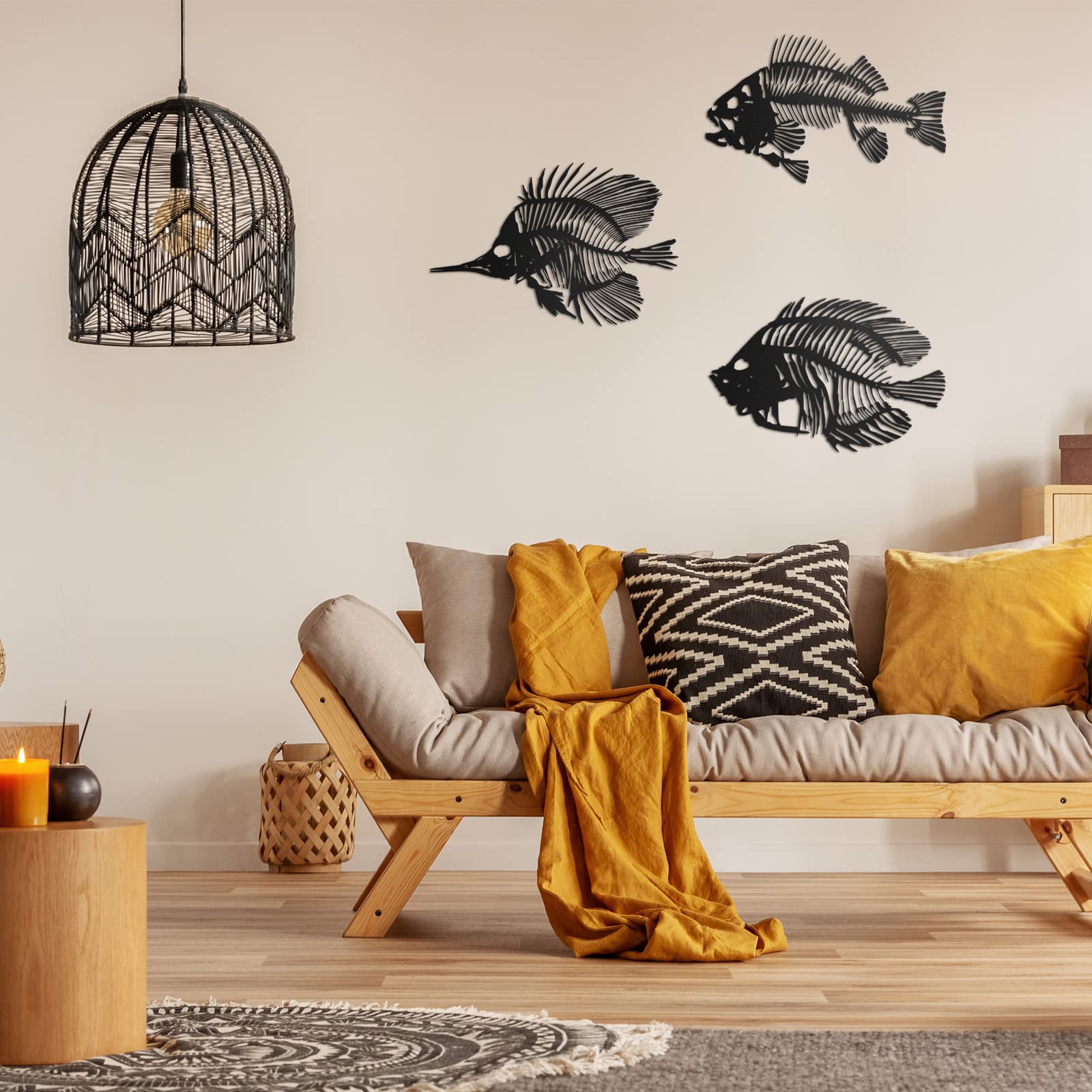 3 Pieces Metal Wall Art Fish Sculpture Hanging Metal Black Fish Bone Rustic Wall Decor Nautical Style Metal Fish Wall Decor For