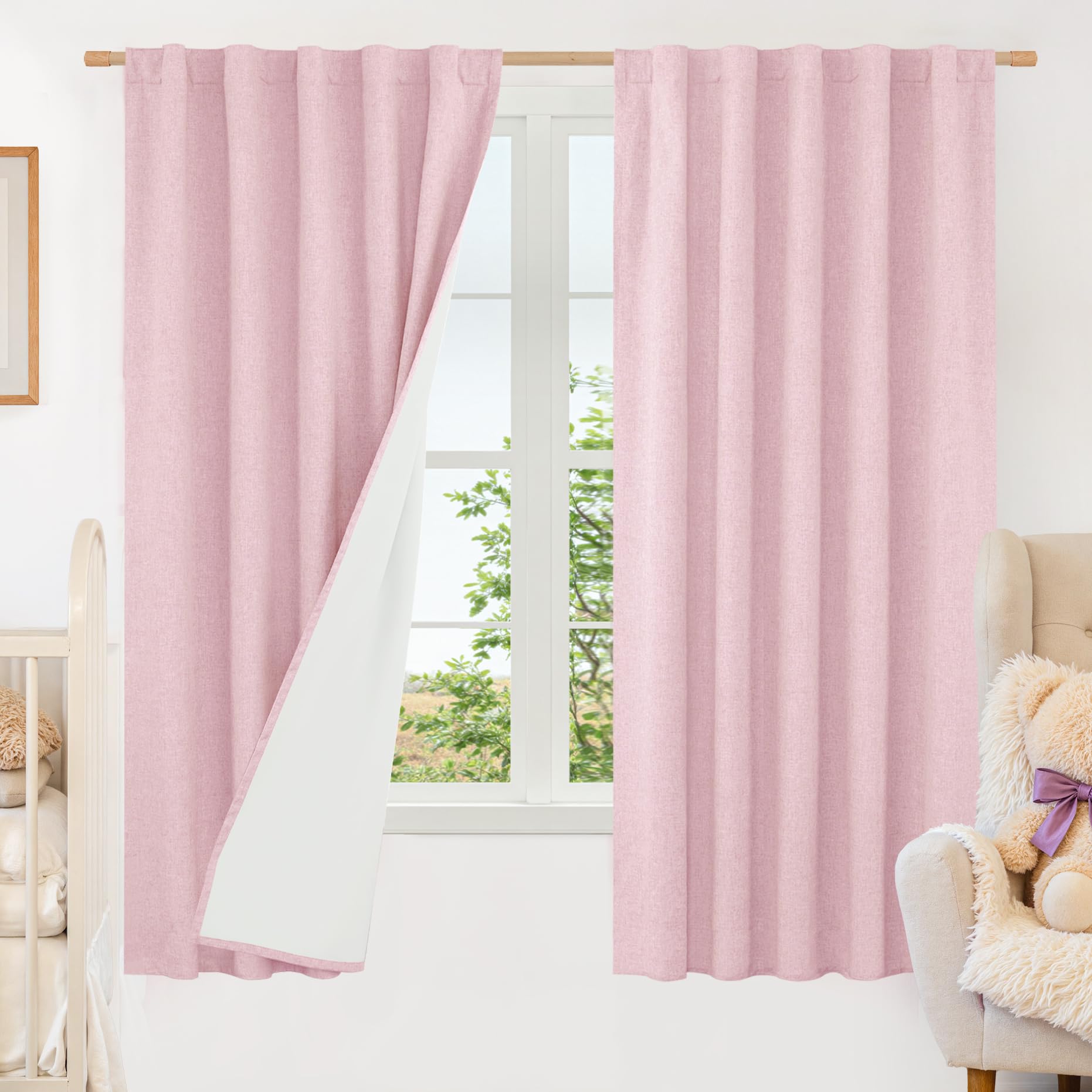 LAMIT Pink 100% Blackout Linen Curtains, 63 Inches Linen Textured Thermal Bedroom Curtains Back Tab and Rod Pocket Neutral Panel