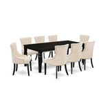 East West Furniture Lgfr9-Blk-02 Logan 9 Piece Room Set Includes A Rectangle Butterfly Leaf Kitchen Table And 8 Light Beige Linen Fabric Parsons Dining Chairs, 42X84 Inch, Black