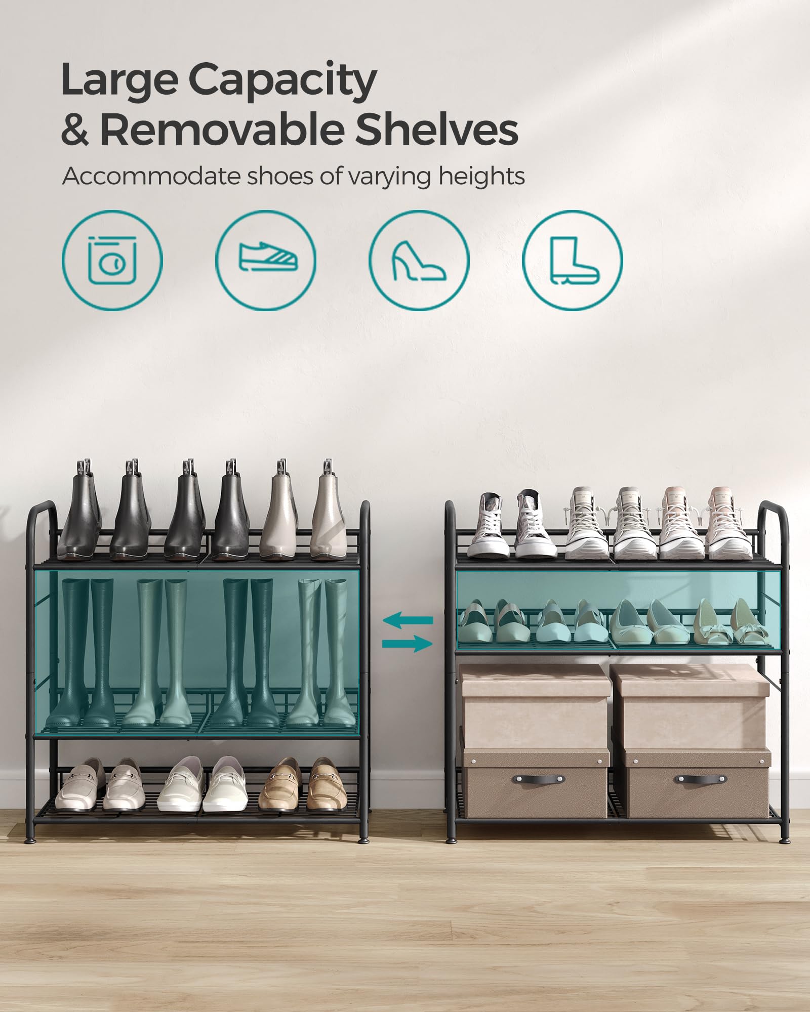 Songmics Shoe Rack, 4 Tier Shoe Organizer For Closet, Holds Up To 16 Pairs Of Shoes, Shoe Rack For Front Door Entrance, Metal Shoe Shelf With Adjustable Tilt Angle, For Entryway, Garage, Black