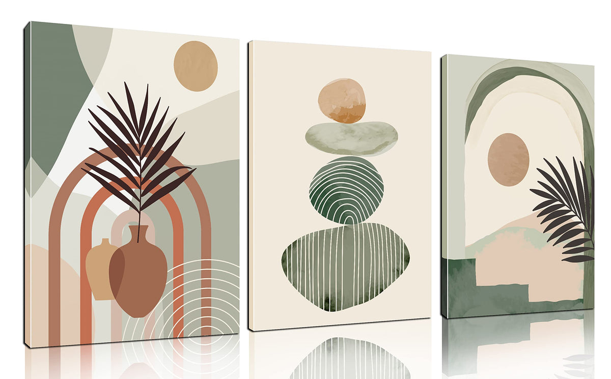 ZHAOSHOP Boho Art Wall-Decor - Green Canvas Wall Art For Bedroom - 3 Piece Wall Art Decor Stretched and Framed Ready To Hang Size 16 x 12