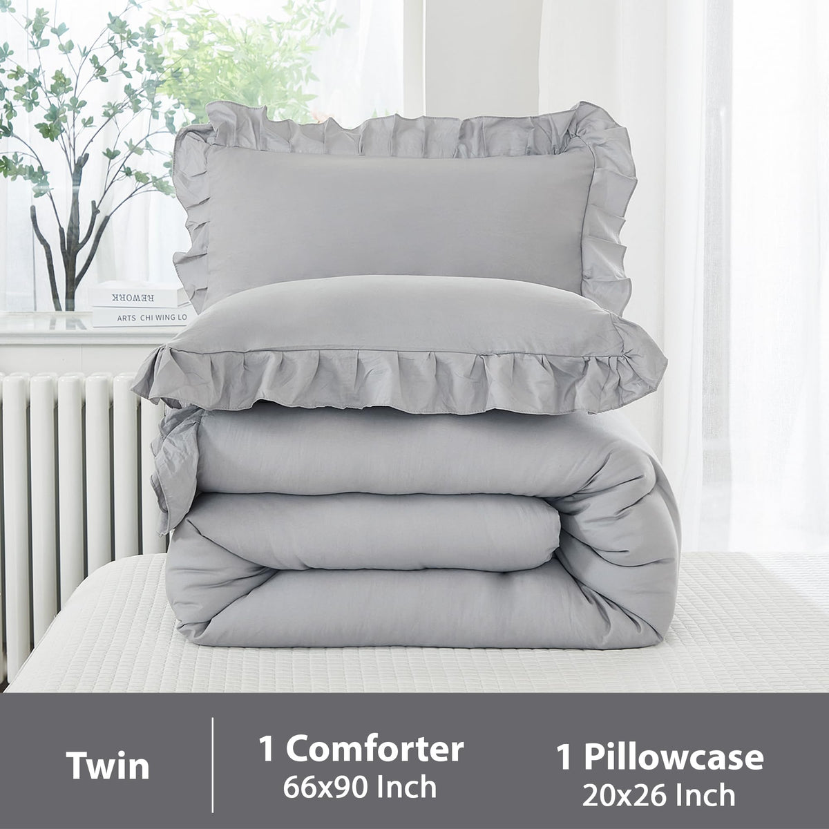Andency Silver Gray Twin Size Comforter, 2 Pieces Farmhouse Classic Chic Ruffle Comforter For Kids, Lighteweight Soft Microfiber Bedding Set For Girls(1 Ruffle Comforter And 1 Pillowcase)