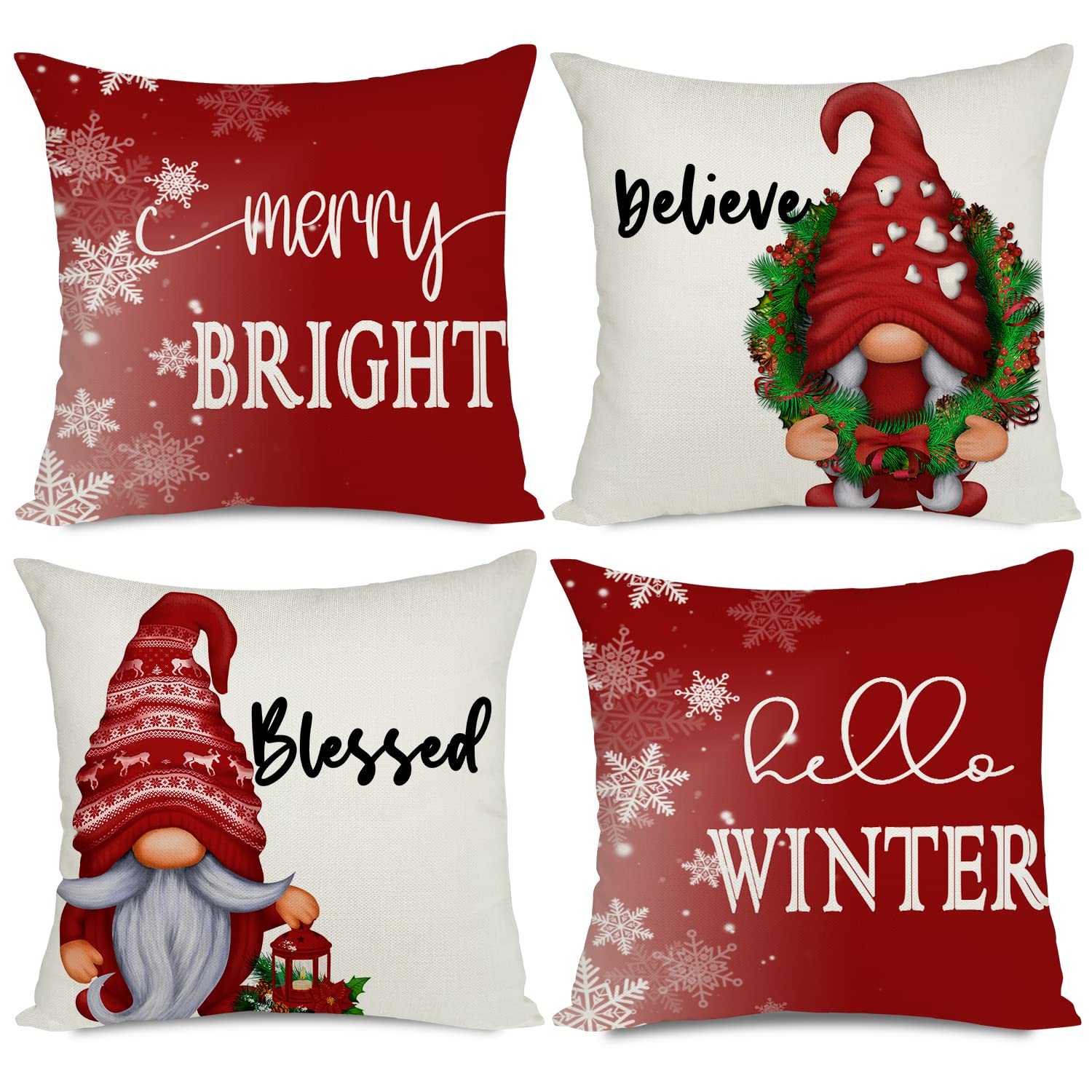 Artmag 18X18 Christmas Throw Pillow Covers,Decorative Farmhouse Hello Winter Gnomes Merry Bright Outdoor Christmas Pillow Shams