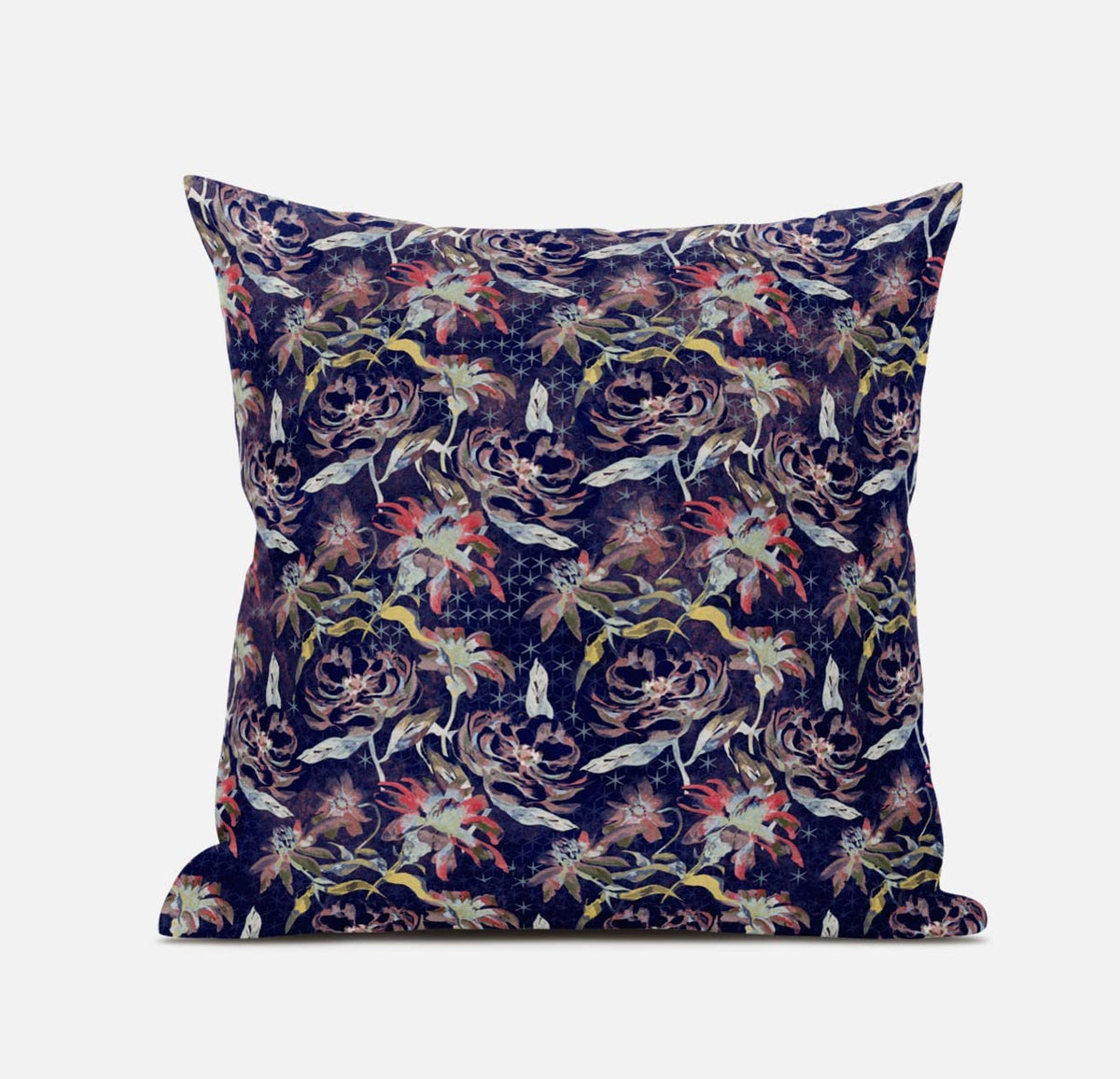HomeRoots Red Blue Gold 20' Midnight Blue Roses Zippered Suede Throw Pillow