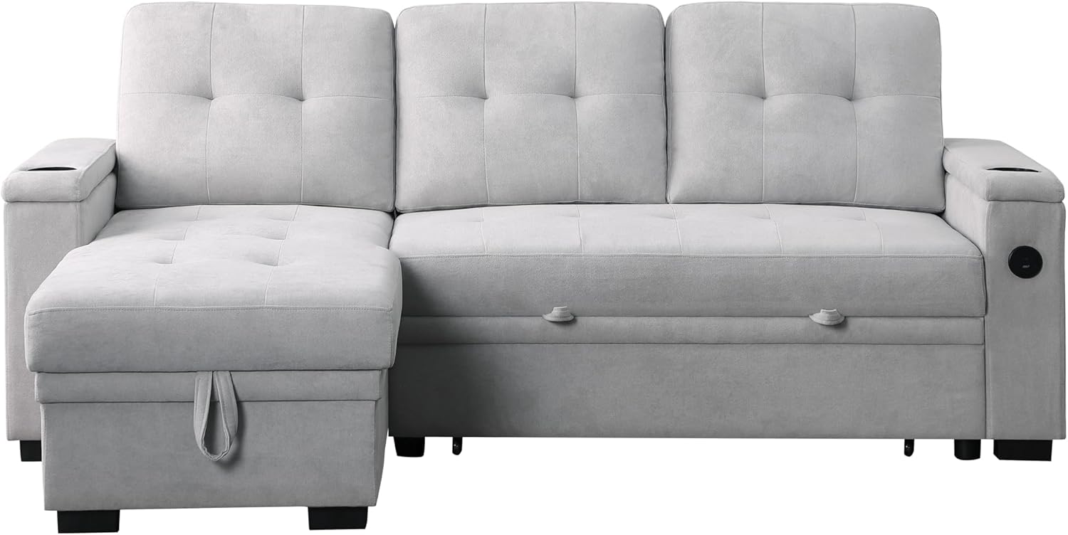 84W Gray Woven Fabric Reversible Sleeper Sectional Sofa