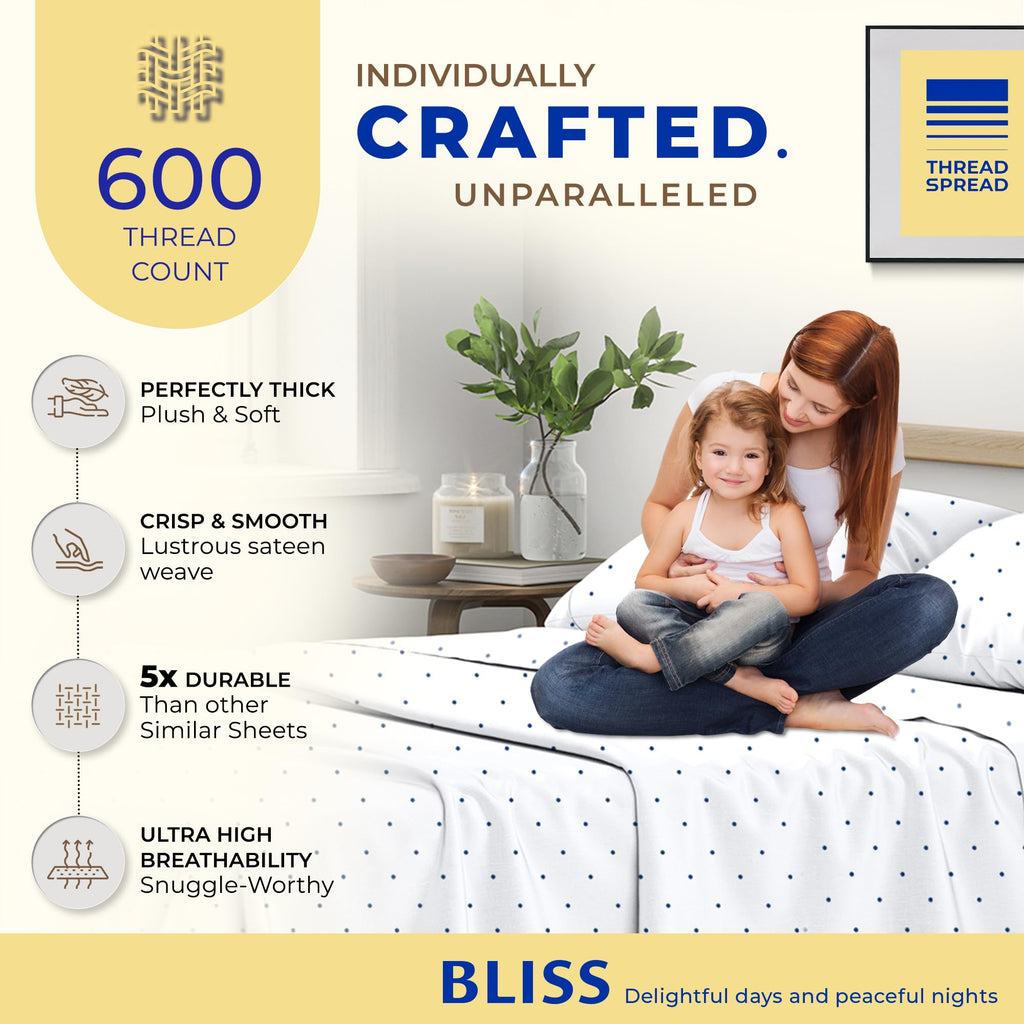 Thread Spread 100% Egyptian Cotton Printed Bed Sheets - 600 Thread Count 4 Pc Full Sheet Set, Hotel Luxury Sateen Bedsheets, 16' Deep Pocket Soft Cooling Sheets For Full Size Bed - Polka Dot - Navy
