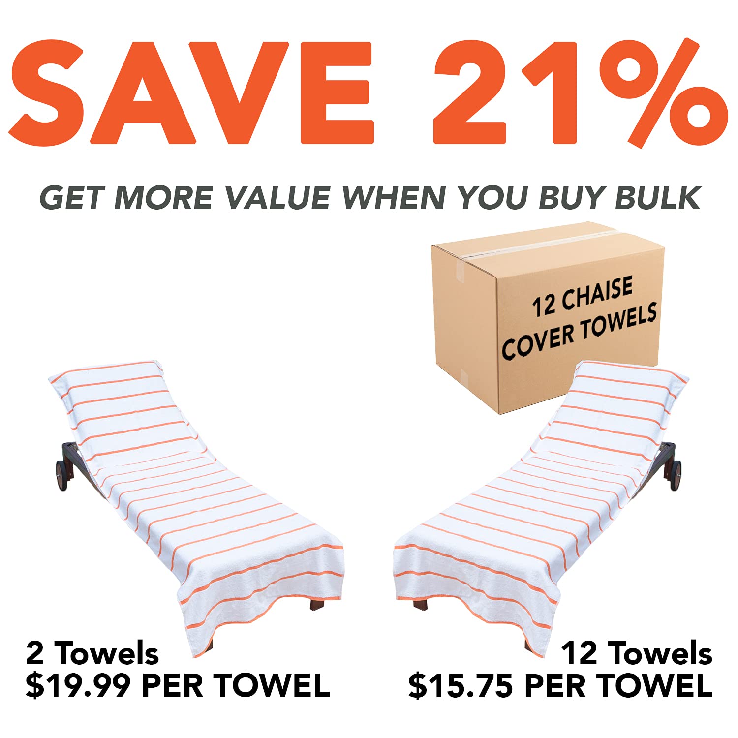 Arkwright Cotton Chaise Lounge Cover - (Pack Of 2) 100% Cotton Terry Towel Pool Chair Covers For Outdoor Beach Furniture, 30 X 85 In, Orange