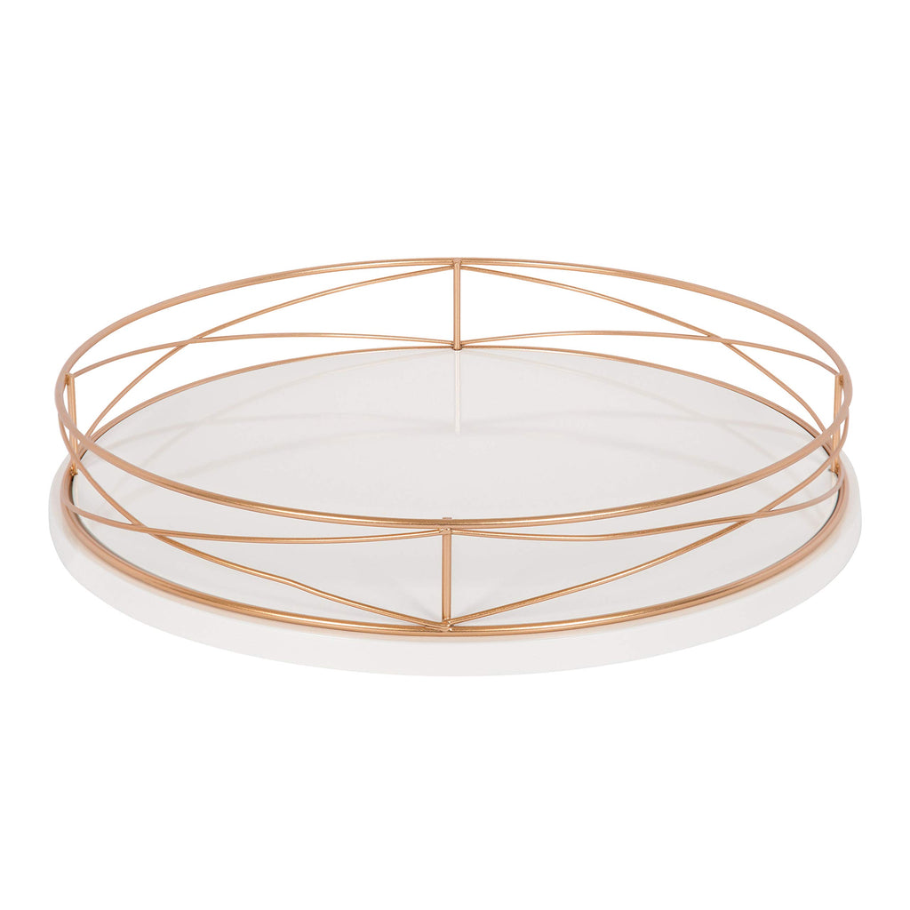 Kate And Laurel Mendel 14 Inch Round Tray With Decorative Metal Rim, White And Rose Gold