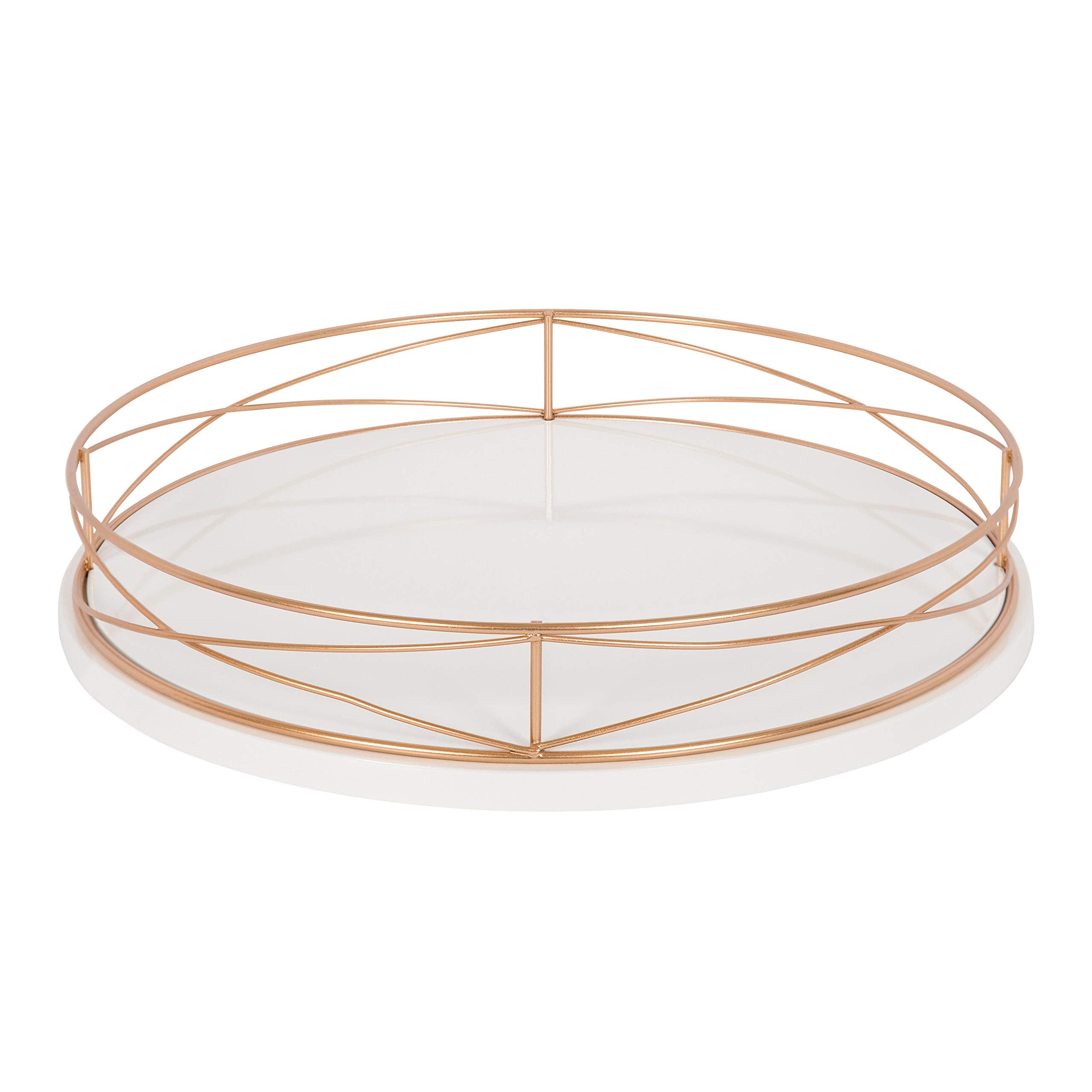 Kate And Laurel Mendel 14 Inch Round Tray With Decorative Metal Rim, White And Rose Gold