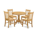 East West Furniture ANNO5-OAK-W 5 Piece Dining Room Furniture Set Includes a Round Dining Table with Pedestal and 4 Wood Seat Chairs, 36x36 Inch, Oak