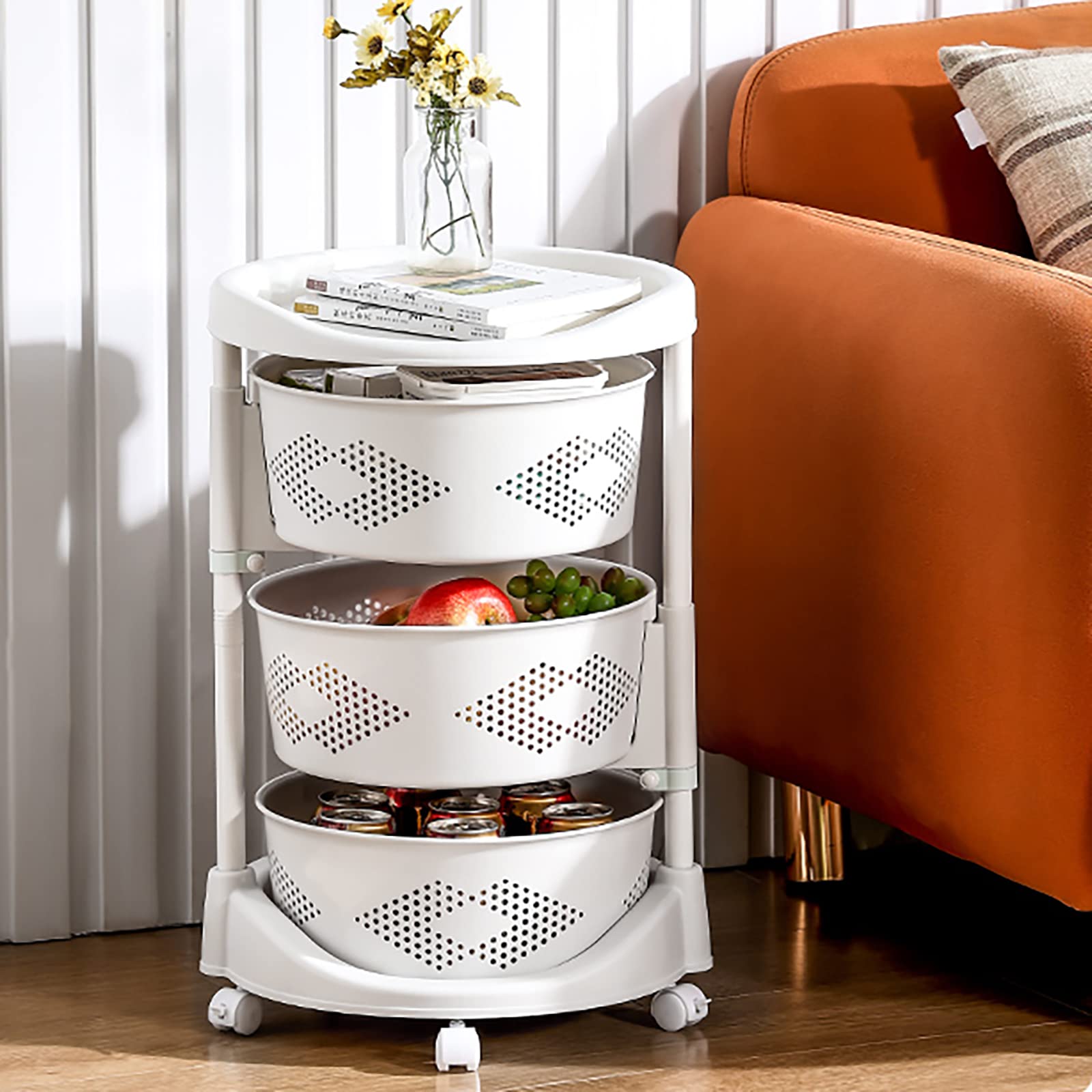 Fturepac Rotating Fruit And Vegetable Storage Basket, 3 Tier Kitchen Cart With Lockable Wheels, Rolling Carts For Kitchen, Livin