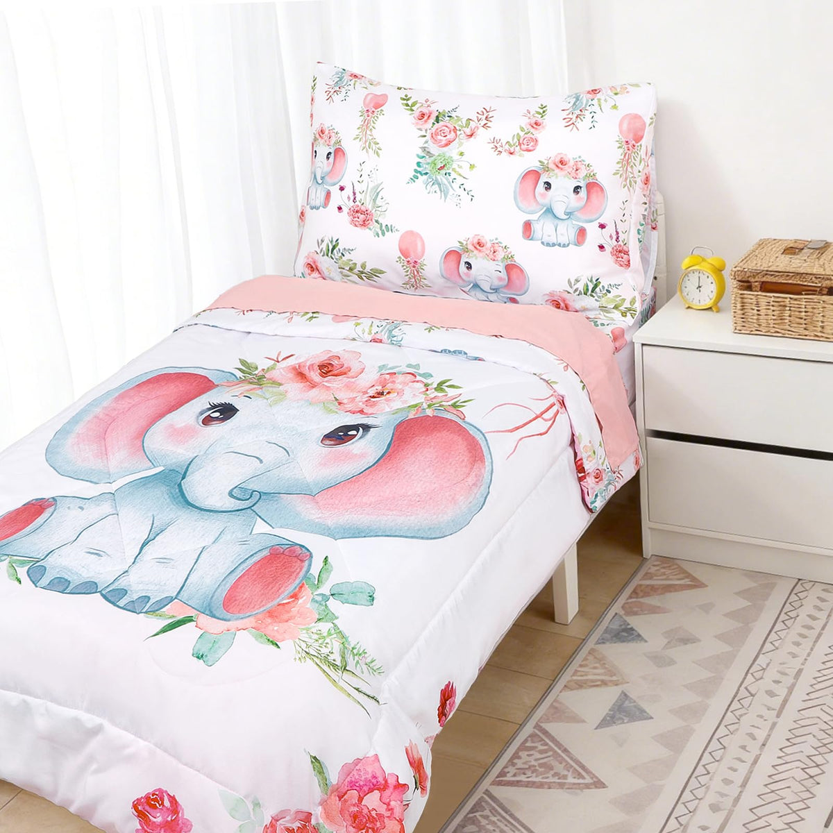 Man Fai Sky Toddler Bedding Set For Girls, Kids Comforter Set Pink Reversible, Ultra Soft & Lightweight Crid Bedding Set Include