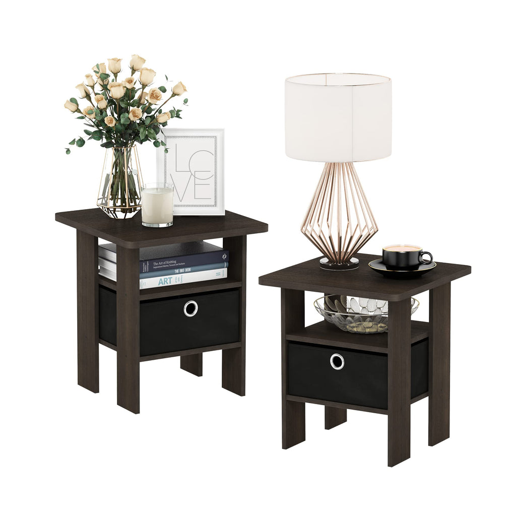 Furinno Andrey Set of 2 End Table / Side Table / Night Stand / Bedside Table with Bin Drawer, Dark Brown/Black