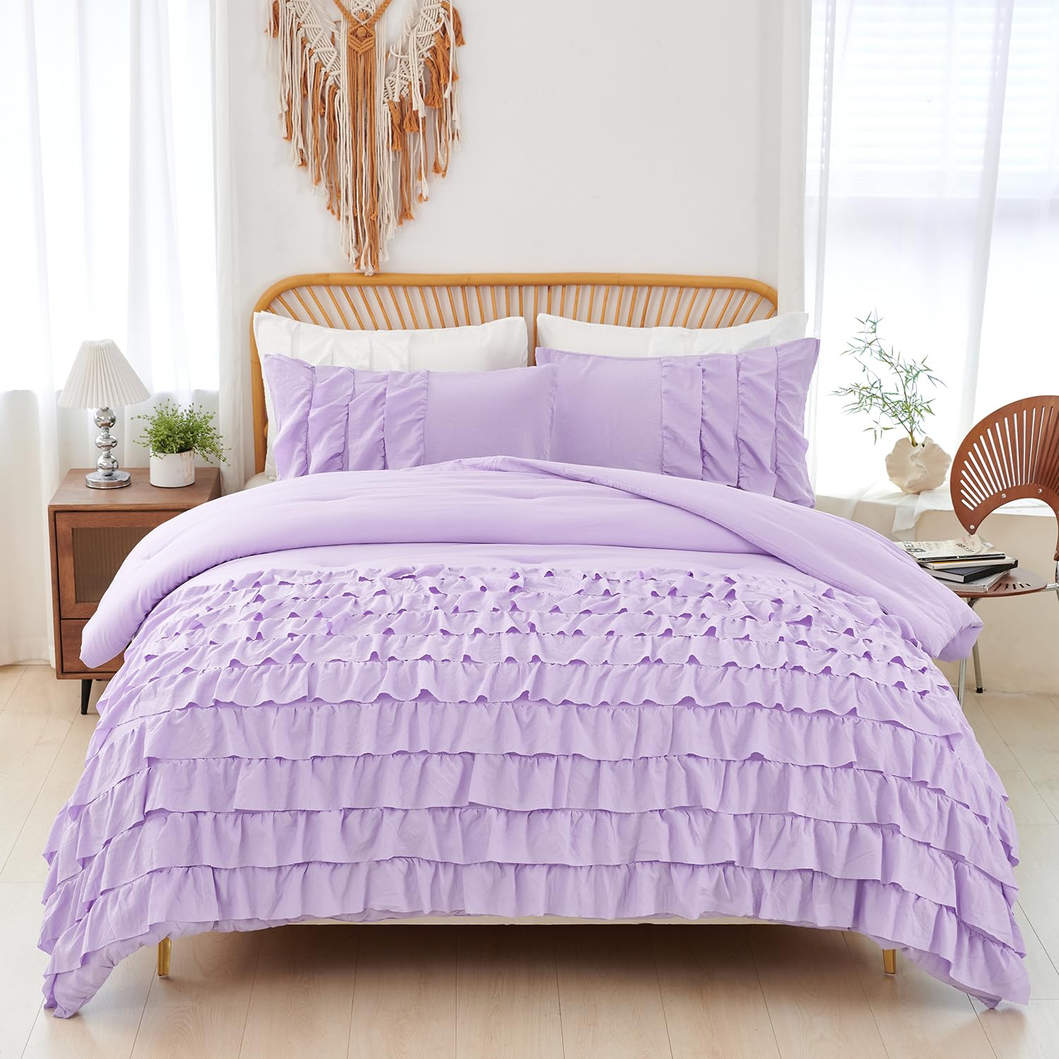 PERFEMET Lavender Ruffle Comforter Set Full Size Bedding Sets for Girls Multi Layers Ruffled Boho Bed Sets Washed Microfiber Far