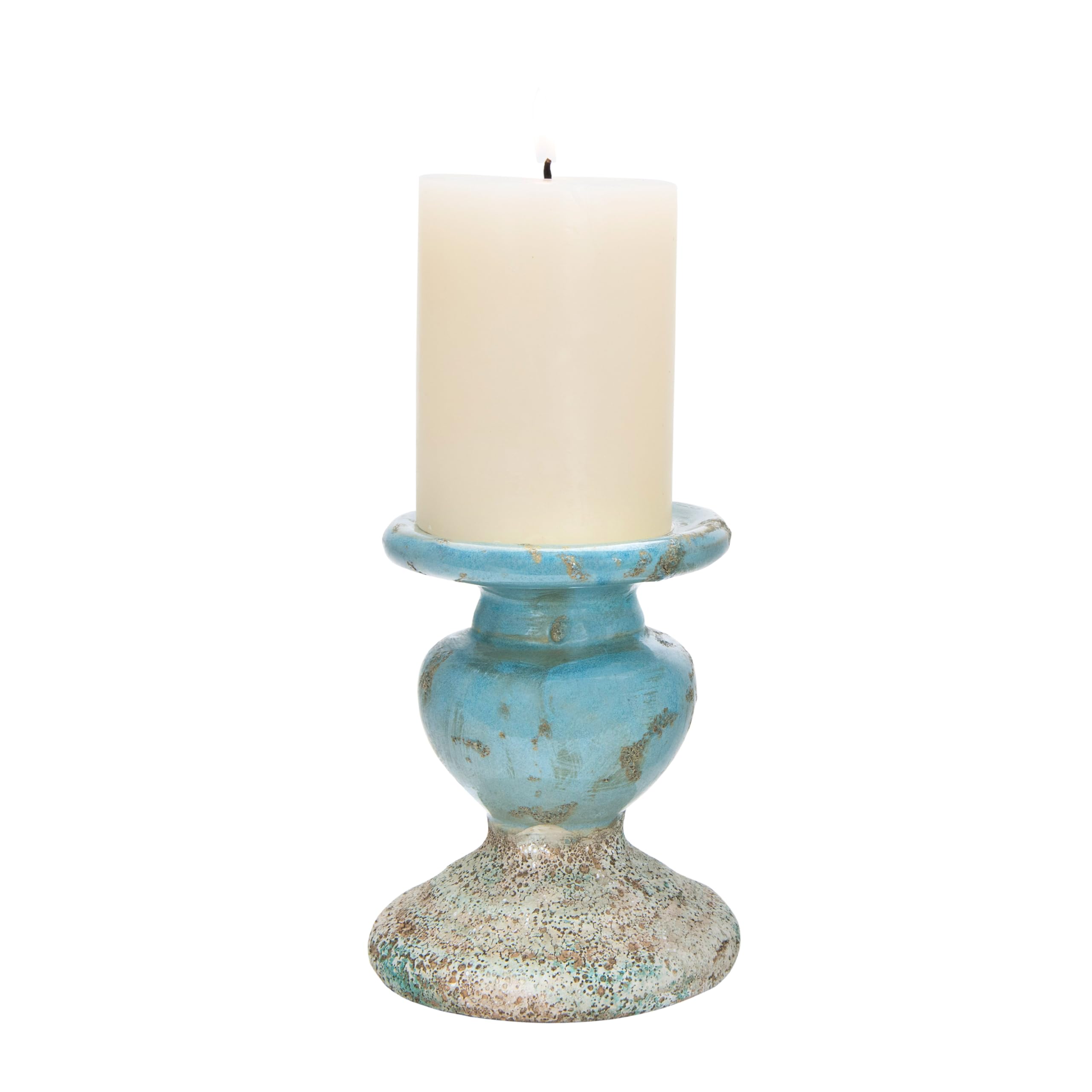 Small Distressed Blue Terracotta Pillar Candle Holder