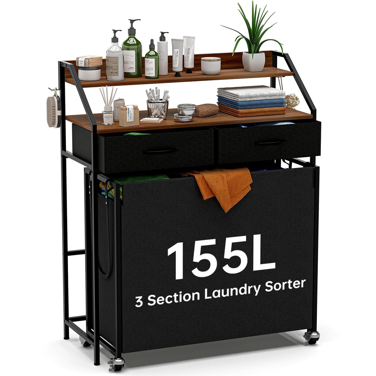 Laundry Sorter with 3 Section Pull Out Bags Rolling Laundry Basket Organizer with 2 Drawers Laundry Hamper with Shelves and Whee