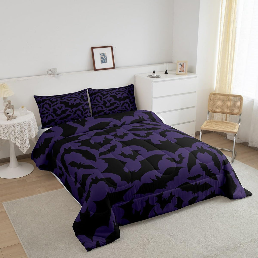 Castle Fairy Halloween Themed Comforter Set Twin Size,Black Bats Animal Print Quilt Set For Kids Boys Bedroom Collection,Dark Pu