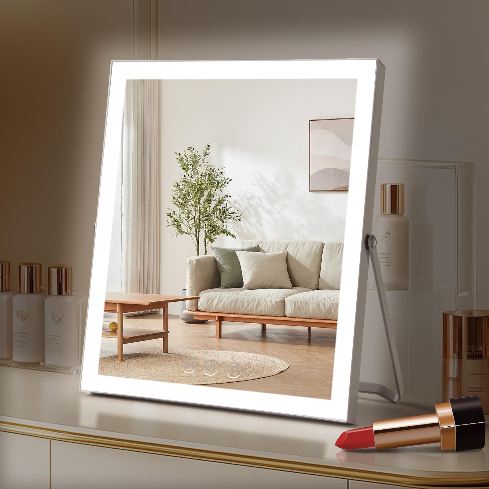 homtang Vanity Mirror with Lights,17.3  13 Lighted Makeup Mirror with 12 Dimmable LED Bulbs,10X Magnification Smart Touch Contro