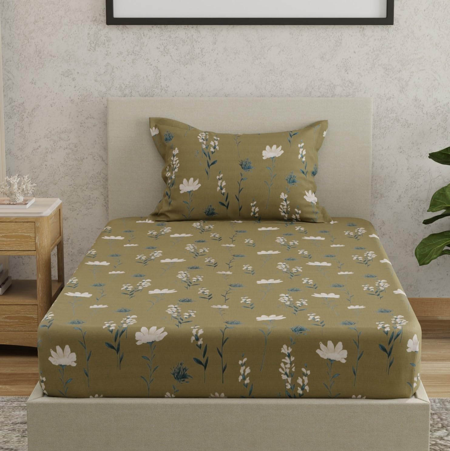 Huesland By Ahmedabad Cotton 144 Tc Bedsheet For Single Bed With 1 Pillow Cover | Olive Green, White & Grey