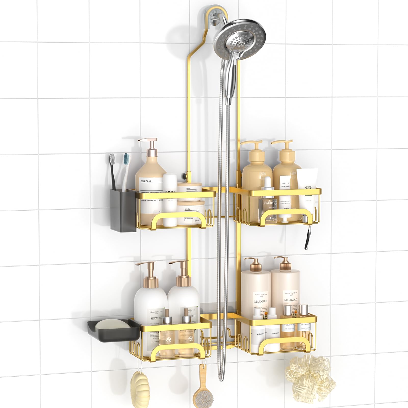 REINHARDT Shower Caddy Hanging for Handheld Showerheads Adjustable Split Shower Caddy, Rustproof Shower Organizer with Hooks for