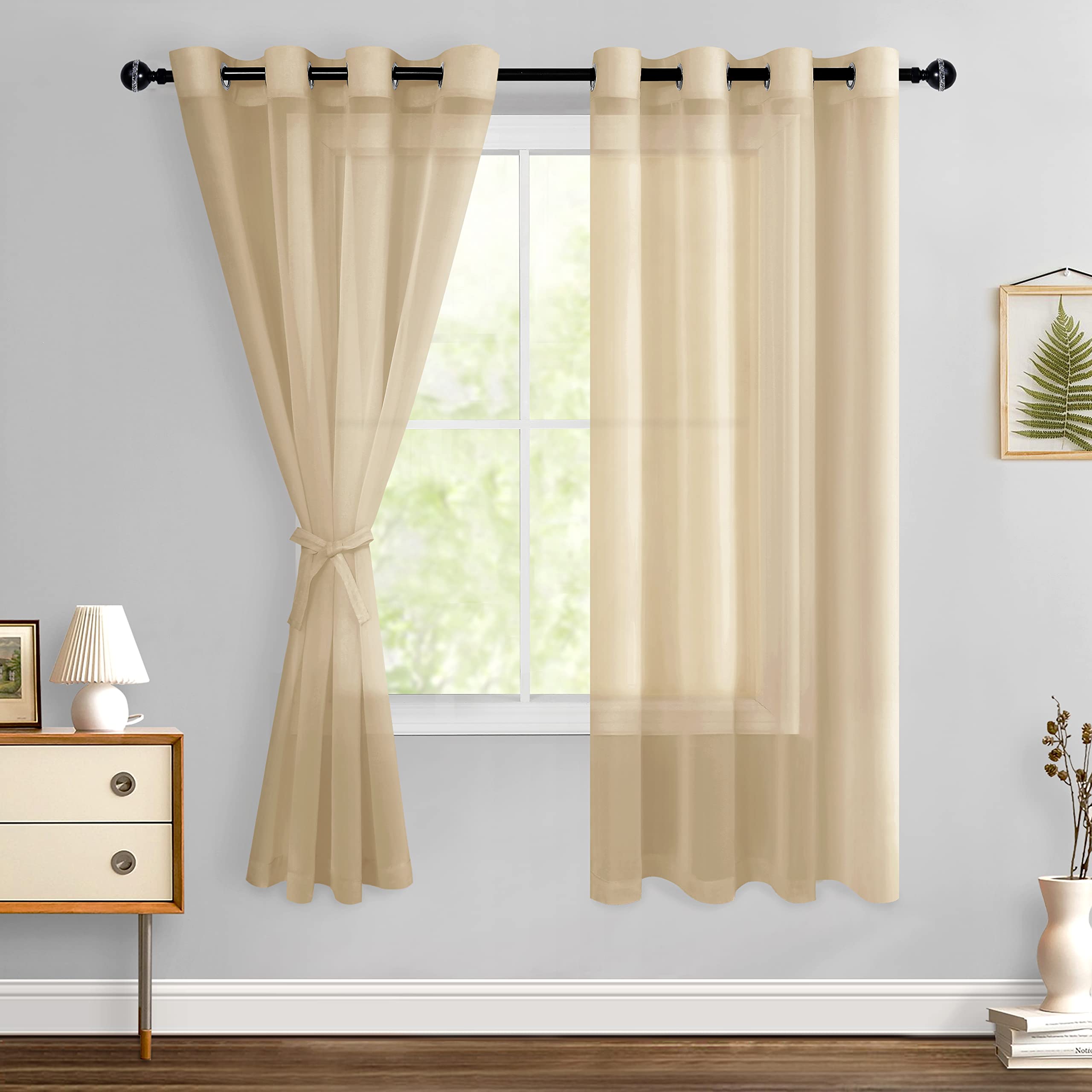 Hiasan Sheer Curtains For Bedroom With Tiebacks, Grommet Light Filtering Lightweight Voile Window Curtains For Living Room, Kids' Room And Nursery, Taupe, W52 X L72, Set Of 2 Soft Drape Panels