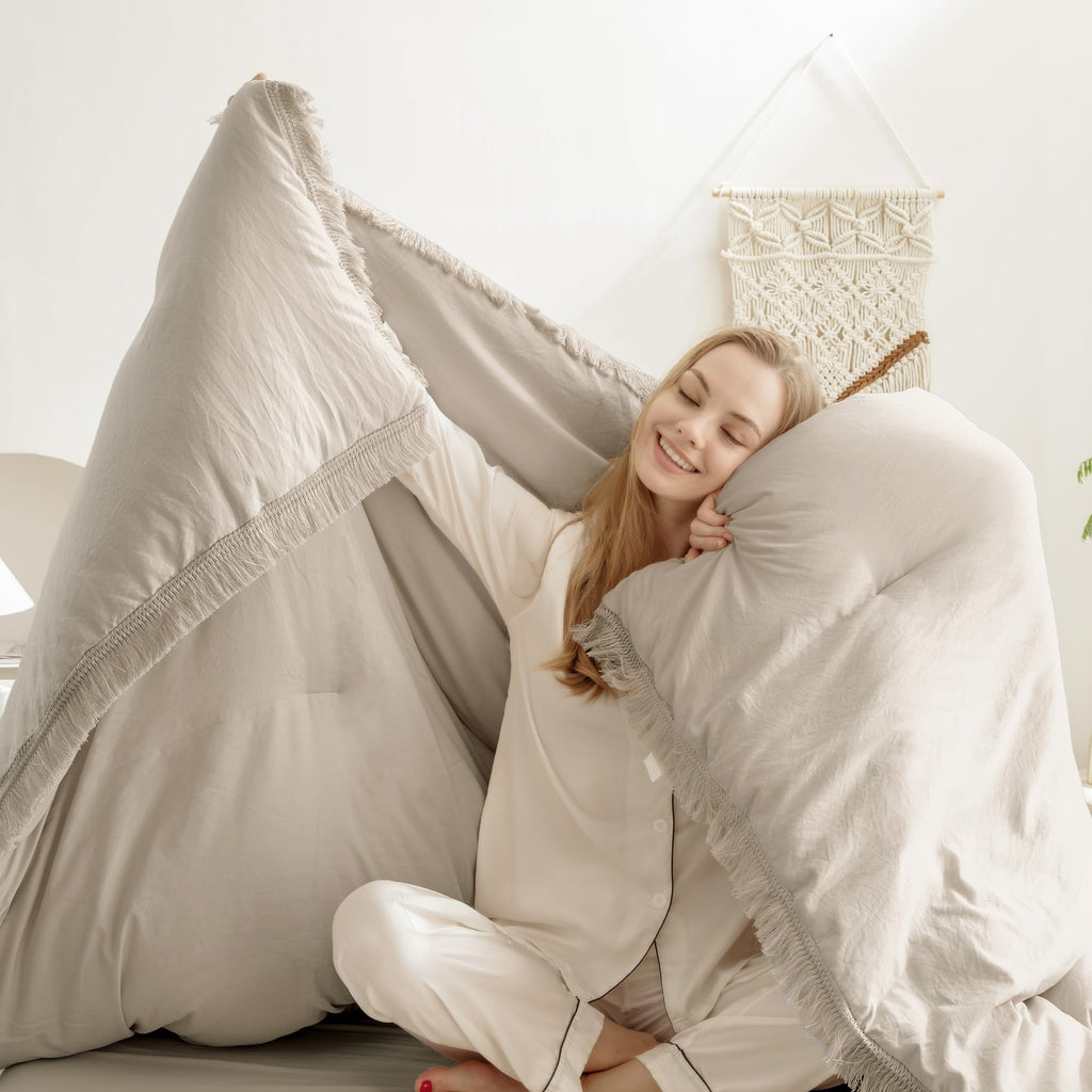 Andency Oatmeal Comforter Set California King, 3 Pieces Boho Tassel Lightweight Bedding Comforter Sets, All Season Soft Fluffy Fringe Bed Set (104X96In Comforter & 2 Pillowcases)