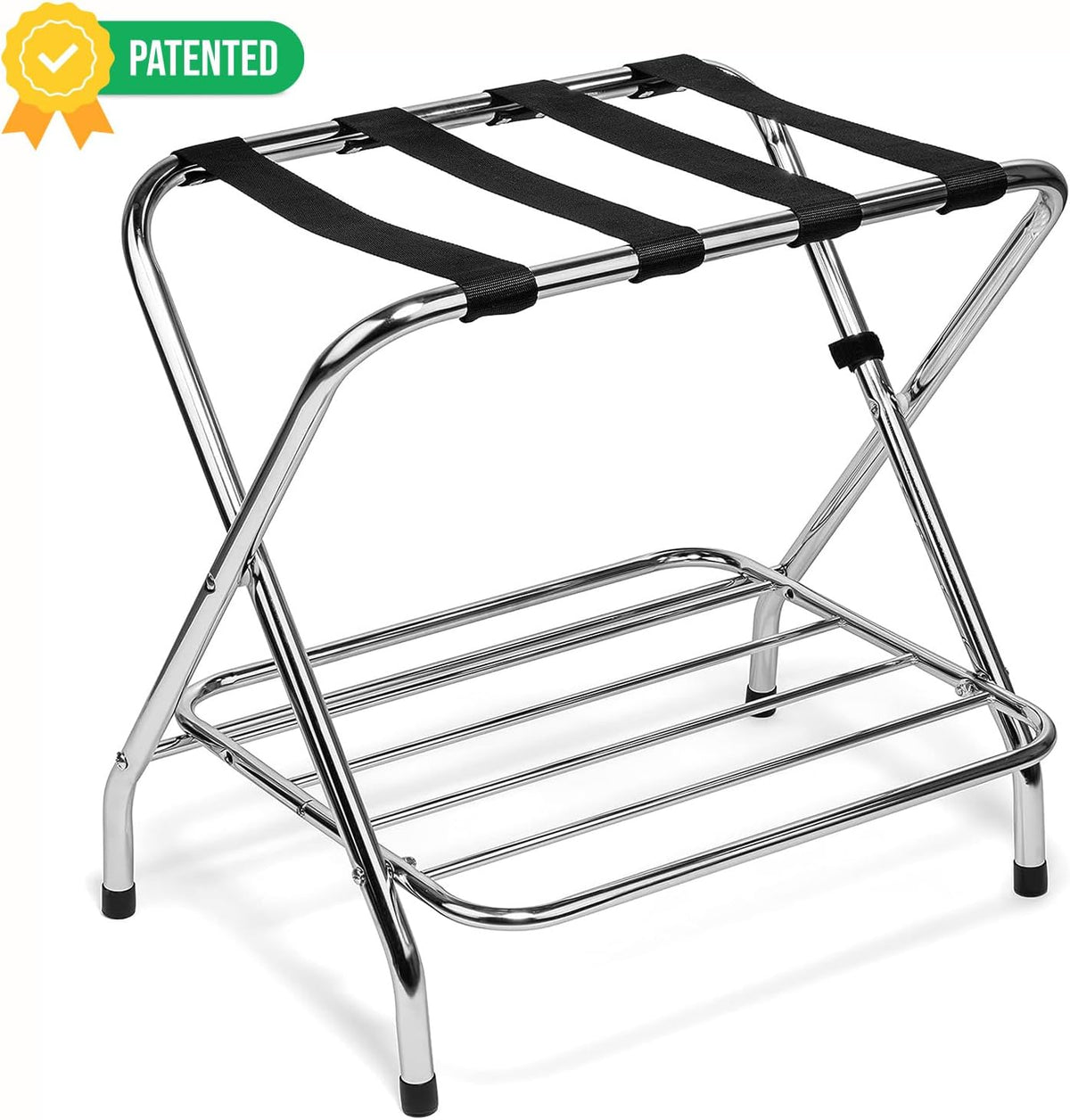 2-Tier Folding Luggage Rack with Nylon Straps, Rubber Feet, Chrome Finish