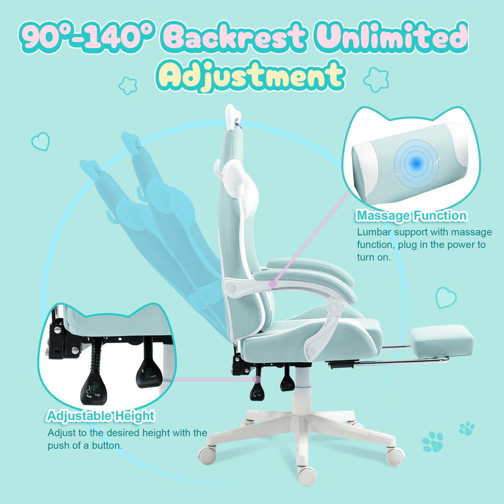 Dowinx Gaming Chair Cute With Cat Ears And Massage Lumbar Support, Ergonomic Computer Chair For Girl With Footrest And Headrest, Comfortable Reclining Game Chair 290Lbs For Adult, Teen, Blue Green