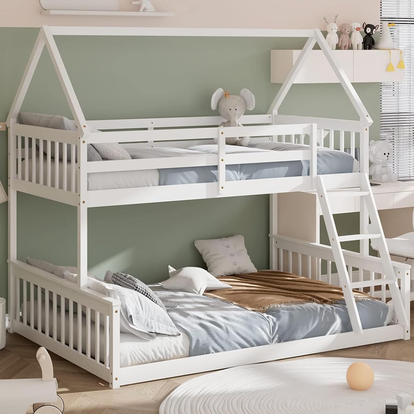 Giantex Bunk Beds Twin Over Full Size, Solid Wood House Bed Frame w/Integrated Ladder & Safety Guardrails, Convertible to 2 Beds