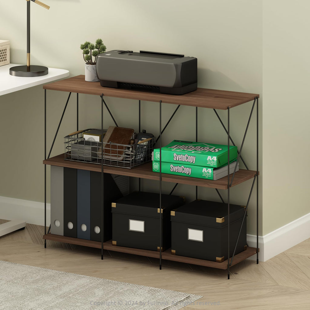 Furinno Wire 3-Tier Industrial Style Metal Frame Bookcase, Display Shelf, 35 Wide, Walnut Cove