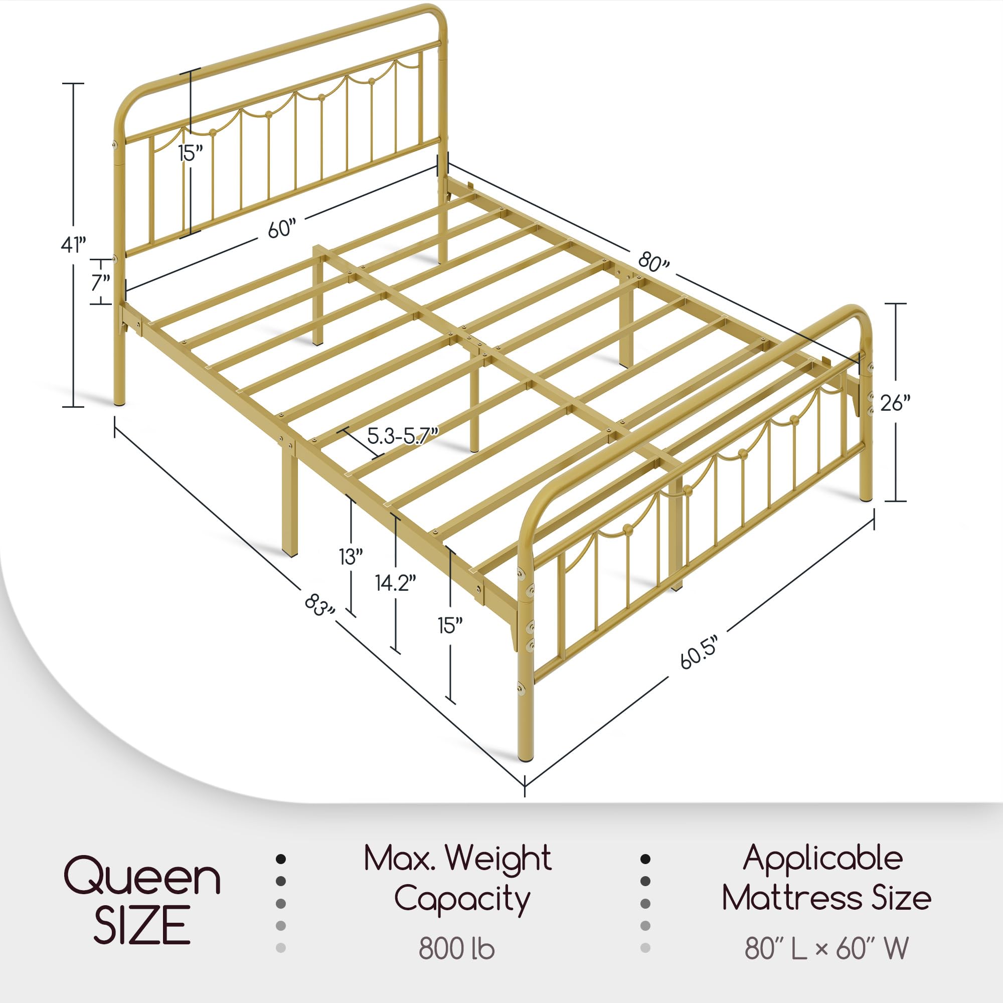 Yaheetech Queen Metal Bed Frame with Vintage Headboard, Antique Gold, Heavy Duty Steel Slat Support, No Box Spring Needed, Model YT-613449AQ