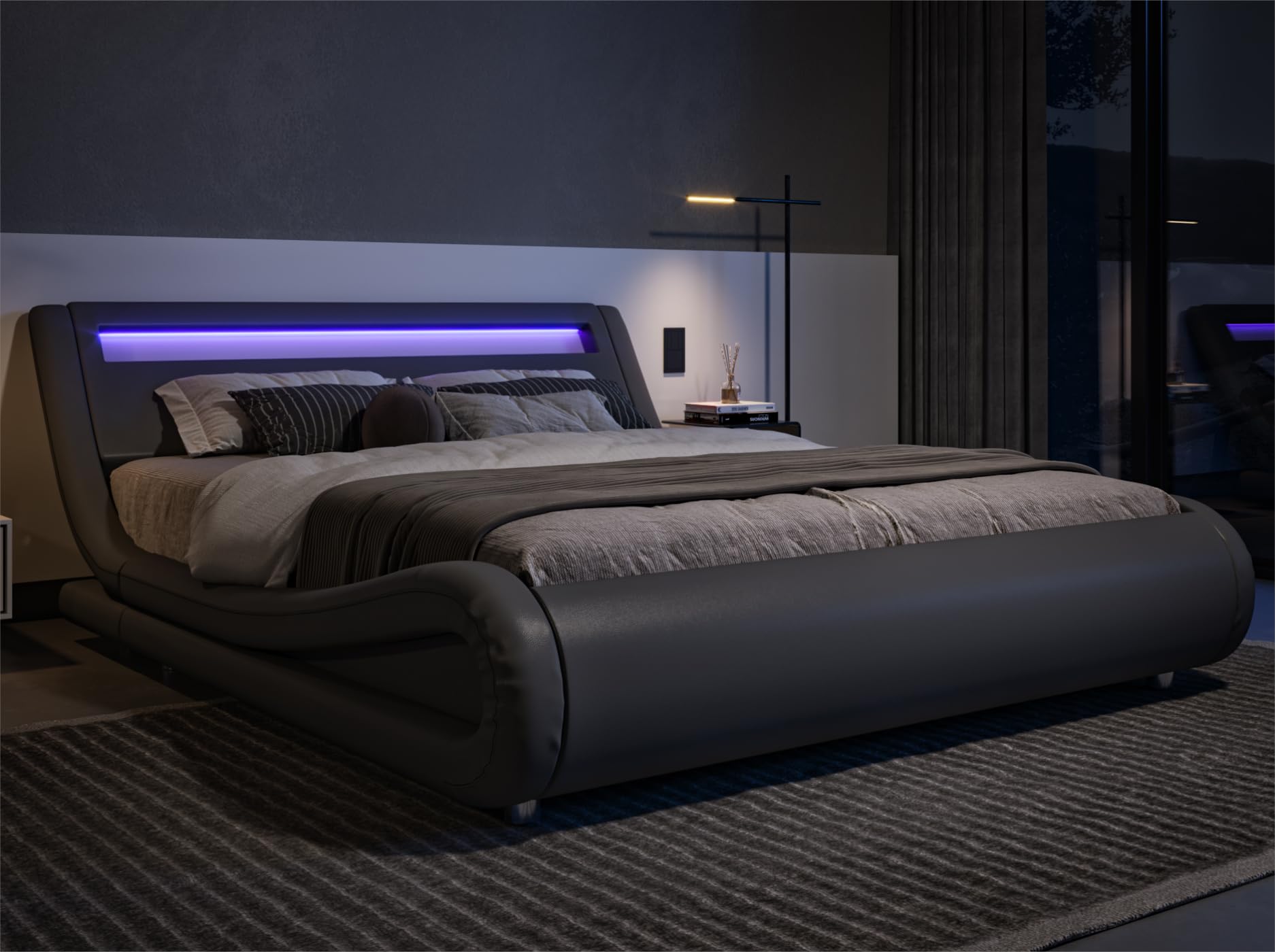 Allewie King Size Led Platform Bed Frame With Adjustable Headboard/No Box Spring Need/Easy Assembly/Faux Leather In Grey