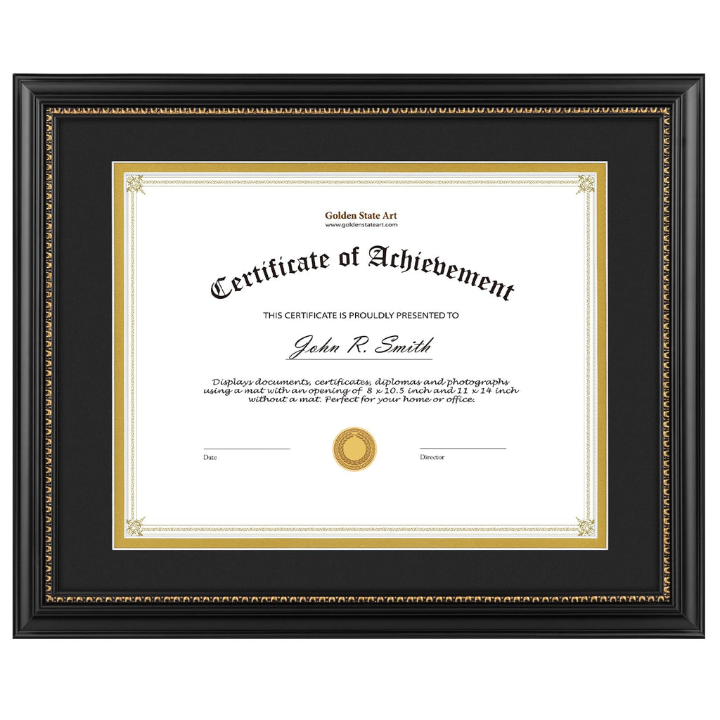 Golden State Art, 8.5X11 Diploma Frame, Solid Wood Black with Gold Trim Certificate Frame, 8.5X11 Inch or 11X14 Diploma Without 